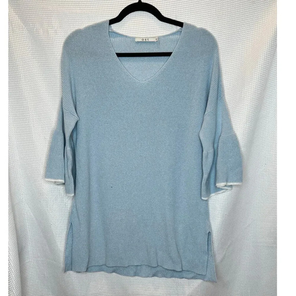 Womens Ost V-Neck Pullover Sweater Bell Sleeve Light Blue Mature Modest SIZe XL - Picture 1 of 9